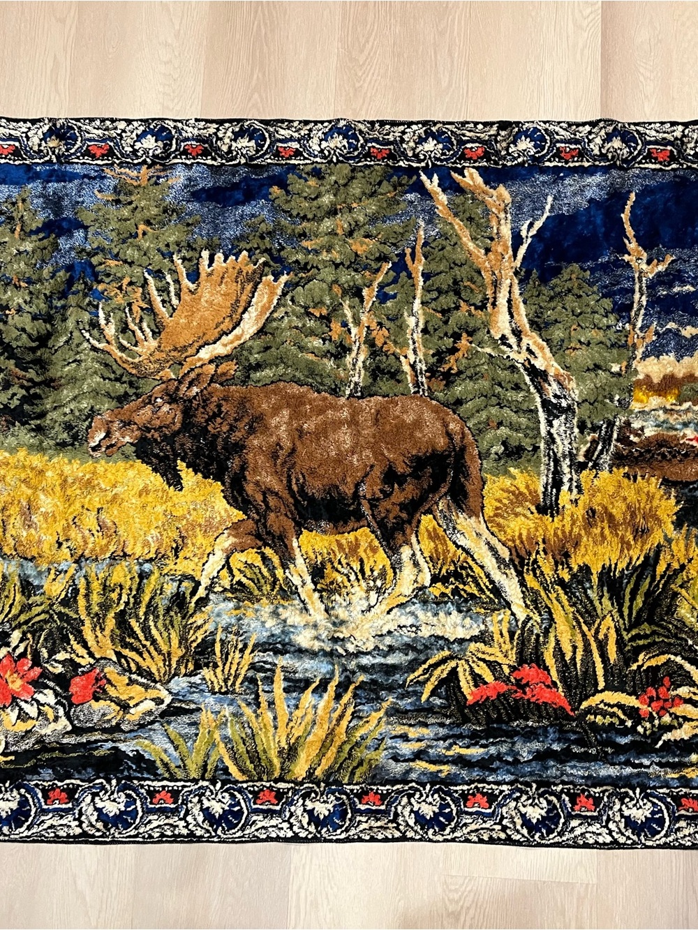 Vintage French Moose In Nature Scene Velvet Wall Hanging Tapestry 98x49cm